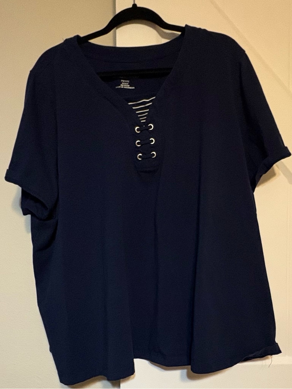 Catherines Navy Lace-Up V-Neck Short Sleeve Top